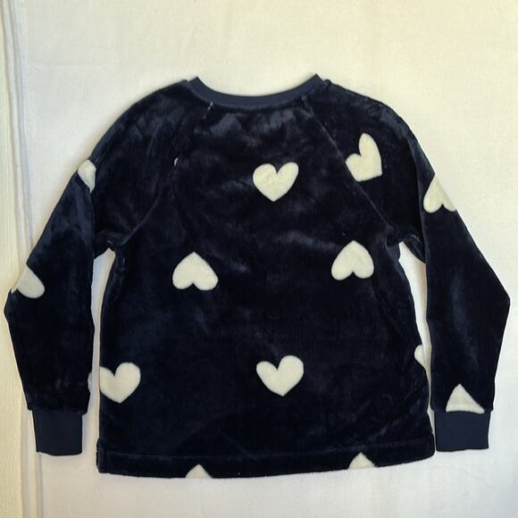 Loft Soft Furry Fleece Long Sleeve Pull Over Navy Blue White Hearts Size XS - Picture 7 of 7